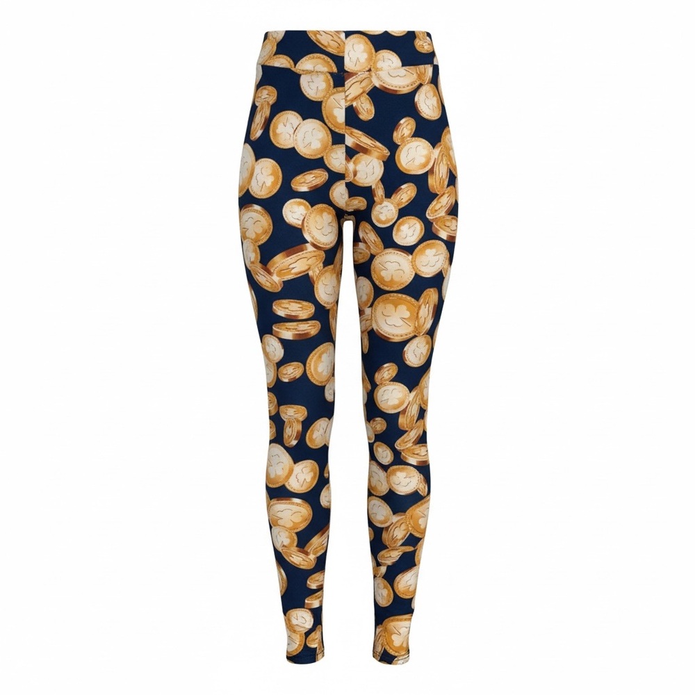 LuLaRoe St. Patricks Day Coin Leggings. Navy Leggings with Yellow Pattern